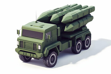 Obraz premium A green military truck equipped with missile launchers for defense or combat purposes.