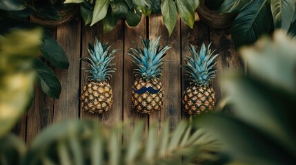 Pineapple characters with moustaches arranged on a bamboo wooden background surrounded by lush green foliage