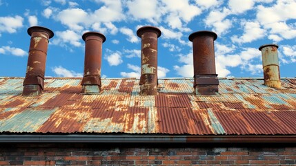 Rusty chimneys on factory roof with weathered corrugated metal and blue sky in the background showcasing industrial decay and history
