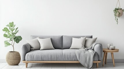Scandinavian minimalist living room with a gray sofa, neutral decor, light wooden furniture, and a bright, spacious ambiance