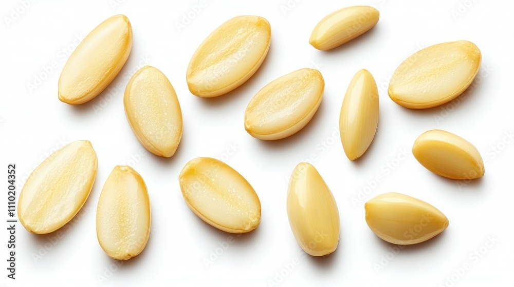 Poster Fresh garlic cloves whole and sliced arranged on a white background showcasing their texture and color in a clean modern style.