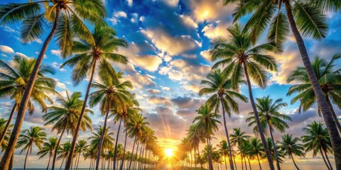 Fototapeta premium A view of a lush tropical beach at sunrise, with vibrant hues painted across the sky and a captivating array of swaying palm trees framing the golden horizon.