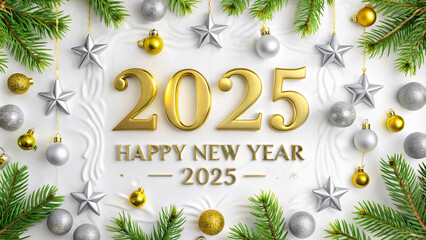 Here's a description and keywords suitable for a stock photo site.. Golden 2025 Happy New Year greeting with ornaments and fir branches.
