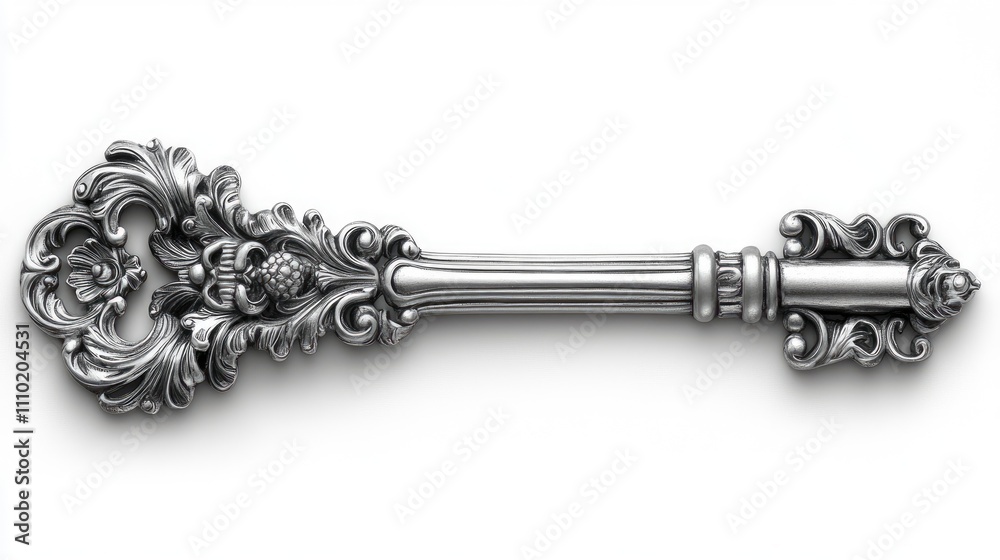 Poster ornate silver skeleton key with intricate design isolated on a clean white background for vintage an