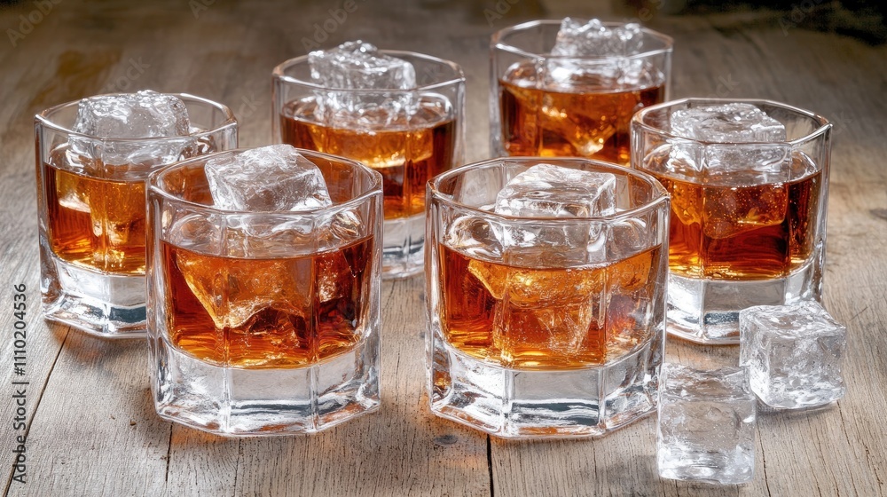 Poster glasses of whiskey with ice cubes arranged on rustic wooden table showcasing a warm ambiance of a pu