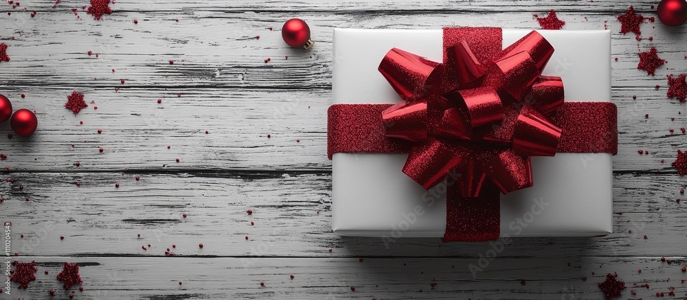 Poster elegant gift box with a large red bow surrounded by decorative ornaments on a rustic wooden backgrou