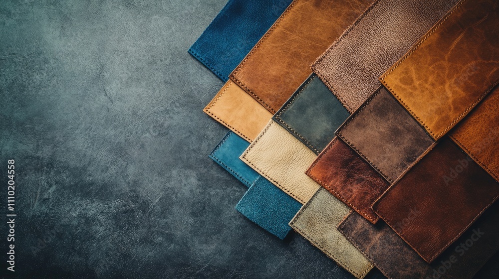 Poster Textured multi colored leather samples arranged aesthetically on a dark background with space for industry-related text and branding.