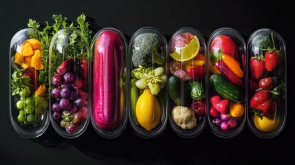 Colorful array of fruits and vegetables encapsulated in transparent capsules, symbolizing natural nutrition and holistic wellness solutions.