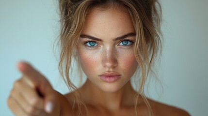 Fototapeta premium Angry expression of a beautiful woman pointing at the camera with a neutral background showcasing intense emotions and striking features