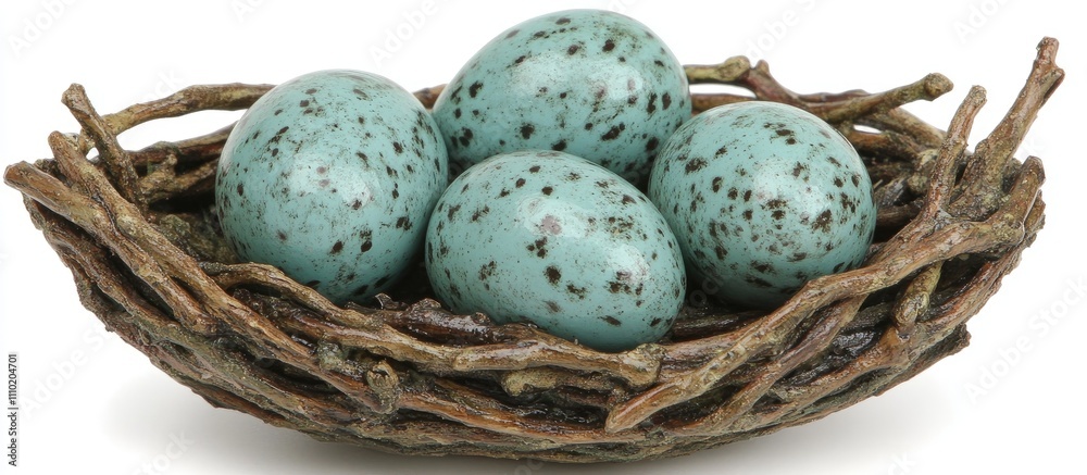 Aufkleber Quail eggs nestled in a natural twig nest showcasing intricate speckles and a serene background for culinary or nature-themed projects