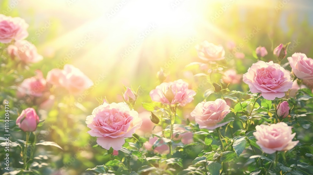 Poster sunlit pink roses in bloom with radiant background and soft bokeh effect for nature and floral theme