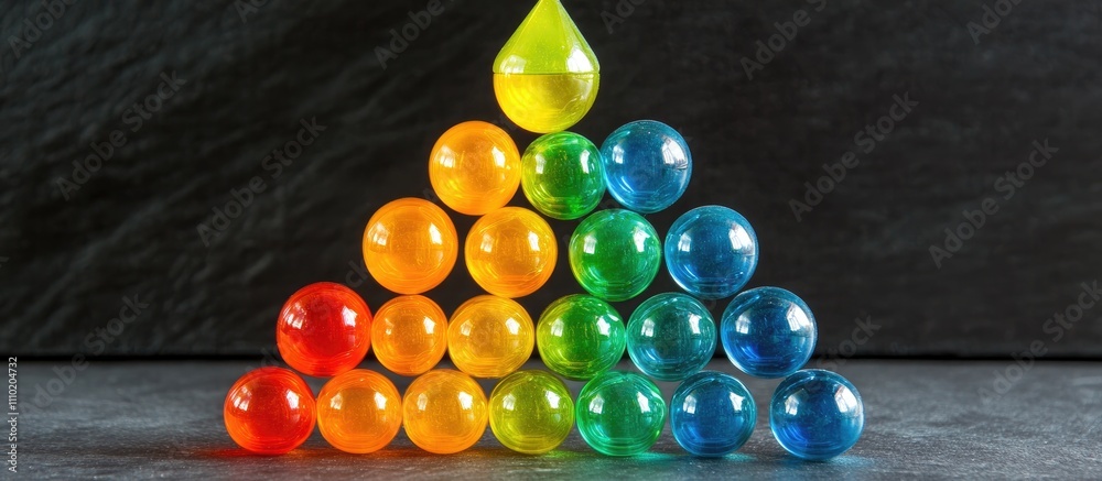 Poster colorful pyramid structure created with vibrant glass balls in a gradient arrangement showcasing cre