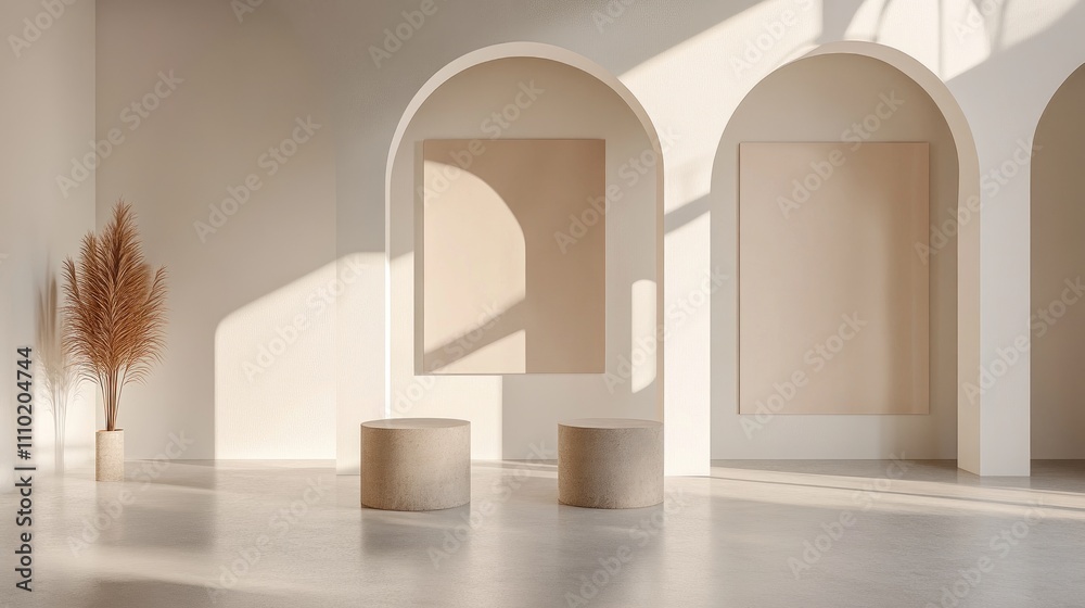 Poster Minimalist interior with cement placards and natural light creating a serene atmosphere in a modern architectural space