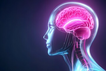 Obraz premium A glowing neon pink and blue digital human head with brain is seen in profile on dark background