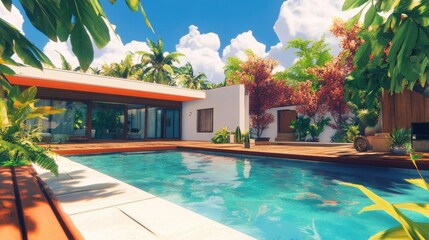 Spacious L-shaped house with a swimming pool and patio in the backyard, surrounded by tropical plants under a sunny sky.