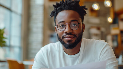 Obraz premium Smiling man with glasses sitting in a bright café