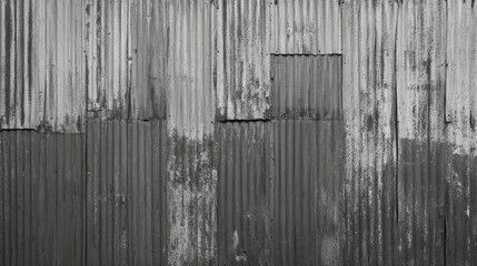 Weathered corrugated metal cladding on old factory wall highlighting rustic industrial texture and aged architectural elements