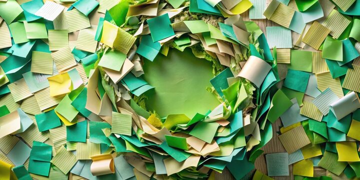 A Colorful Collage of Green and Yellow Notes Forming a Circular Shape in the Center