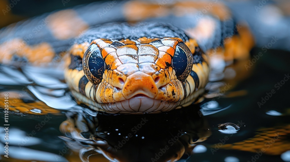Poster Colorful python snake resting in tranquil waters of a natural park surrounded by lush greenery and reflections on the surface.