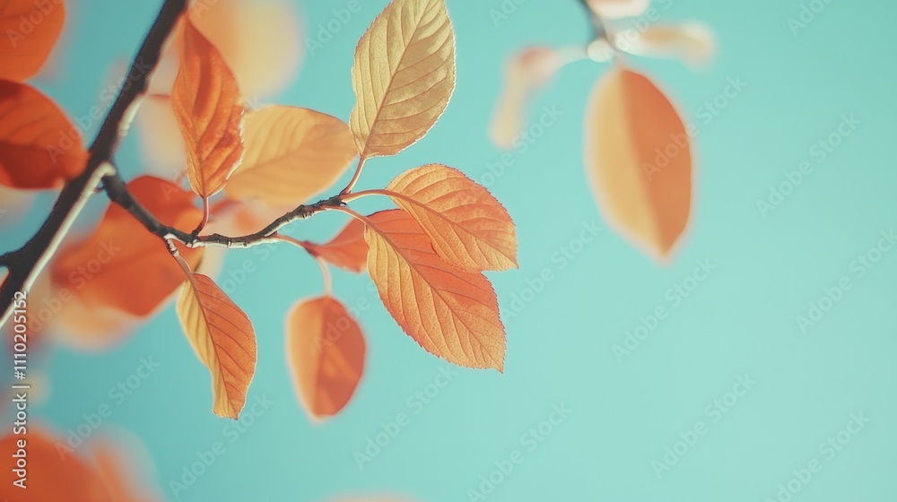 Aufkleber autumn foliage with red and orange leaves against a turquoise sky creating a vibrant seasonal backgr