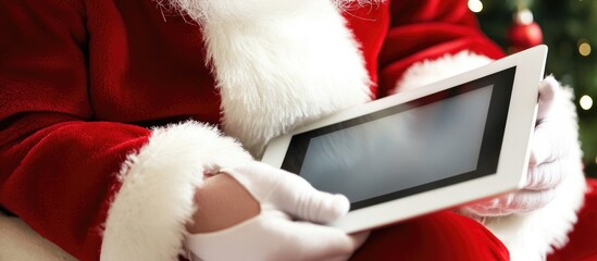 Santa Claus using a tablet to connect with children on social media while celebrating the festive spirit of the holiday season