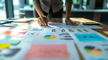 Obraz premium In a sleek studio brimming with charts and digital tools, a poised professional develops innovative strategies, exemplifying creativity and clarity.