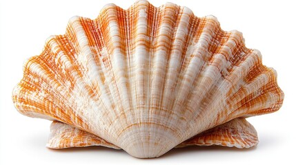 Obraz premium Scallop sea shell isolated on a clean white background showcasing intricate textures and vibrant orange hues for nature-themed designs.