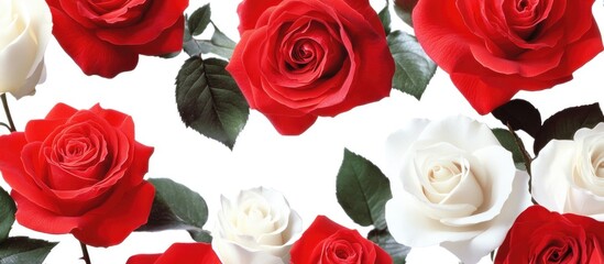Fototapeta premium Red and white roses beautifully arranged on a white background showcasing their elegance and vibrant colors for floral design concepts