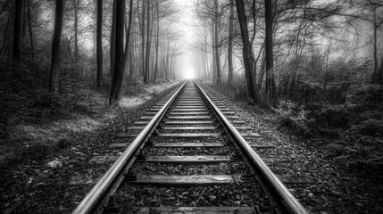 Fototapeta premium Mysterious black and white old railroad track stretching through a foggy forest landscape evoking nostalgia and exploration themes