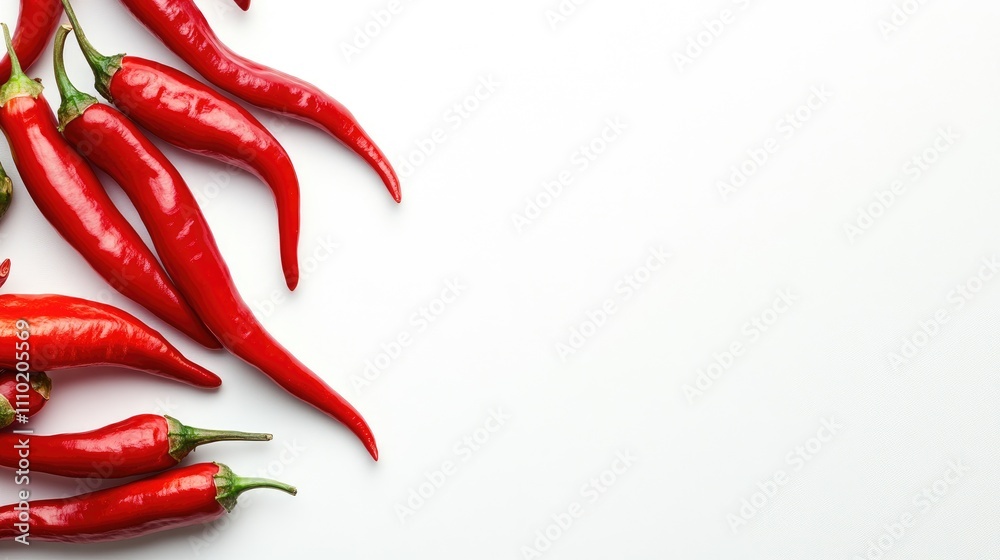 Poster Red hot chili peppers arranged on a white background with ample empty space for text or design elements overhead view flat lay arrangement