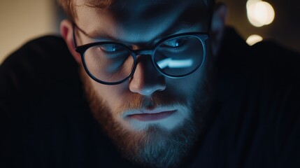 Focused software developer analyzing programming code on a computer screen in a dark environment with illuminated details