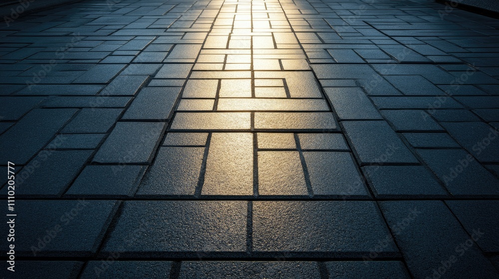 Poster Abstract texture of gray square sidewalk tiles with light reflections creating geometric patterns suitable for background design or focal point.