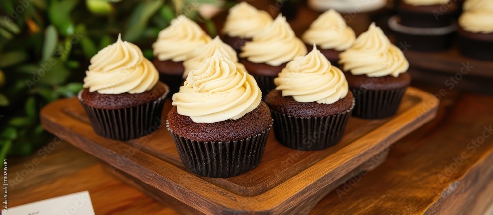 Poster elegant rustic cupcakes with creamy frosting displayed on a wooden platter at a charming wedding rec
