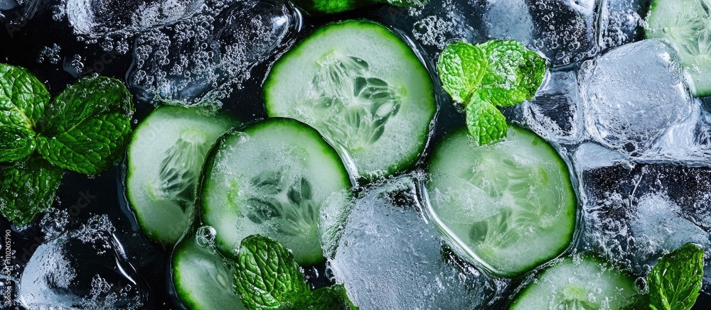 Poster refreshing cucumber slices with mint and ice in a revitalizing cocktail background for summer drinks
