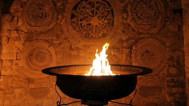 Ancient temple fire ritual video with 360-degree rotation, dramatic shadows, and flickering light revealing engravings