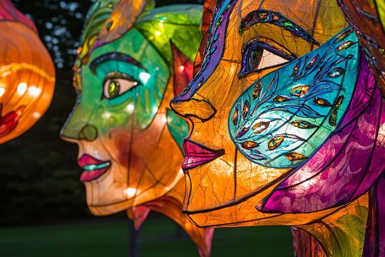 A captivating close-up showcases vibrant lanterns hanging in mid-air, radiating joy and wonder while featuring intricate designs that symbolize hope and unity.