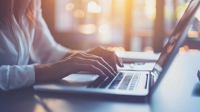 A confident employee demonstrates productivity in a professional setting with a laptop at a modern desk, showcasing a flexible work schedule under bright lighting that highlights work-life balance.