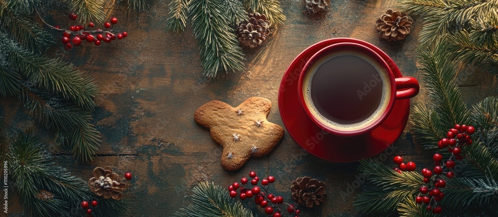 Poster rustic winter breakfast scene with red coffee cup gingerbread and spruce branches adorned with red b