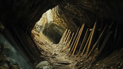 Abandoned gold mine underground tunnel featuring collapsed timber supports and rugged terrain...