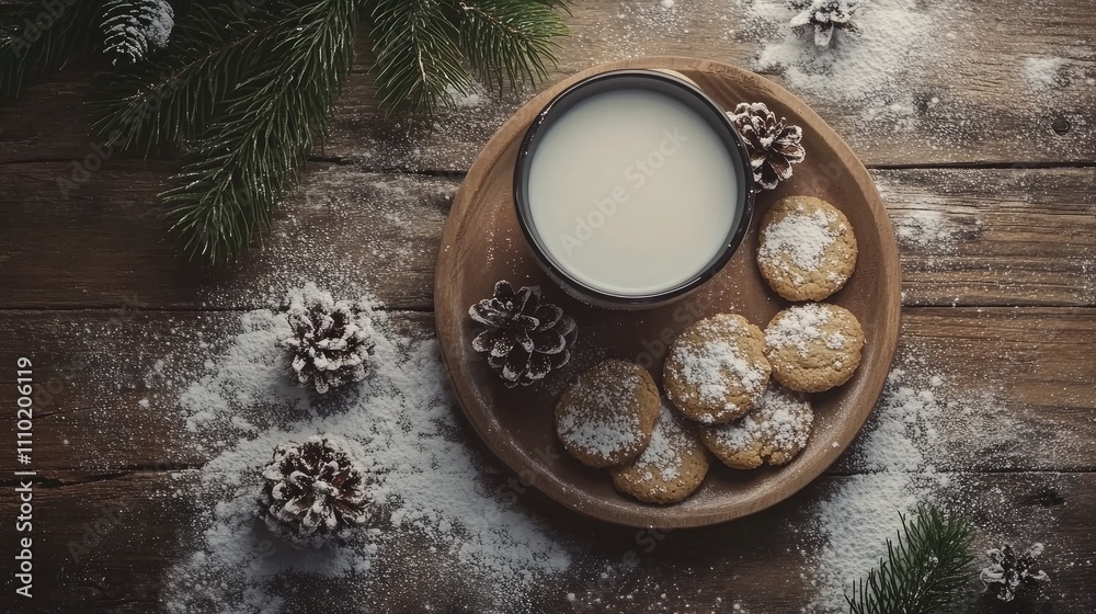 Poster rustic christmas setting with milk and cookies for santa surrounded by pinecones and snow on a woode