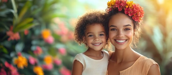 Joyful mother and daughter portrait celebrating Mother's Day with vibrant flowers in the background, showcasing love and togetherness.