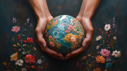 Hands gently hold a colorful globe surrounded by vibrant flowers in a detailed and artistic...