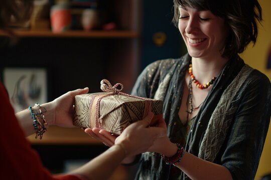 A touching moment in a studio as a considerate person offers a beautifully wrapped gift to a joyful recipient, reflecting genuine emotion and connection.