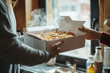 A delivery driver presents a steaming hot meal to a delighted customer at their doorstep, showcasing the ease and quality of food delivery.