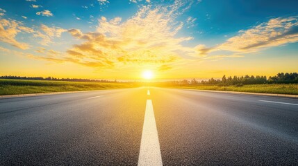 Empty highway at sunrise with white road markings and direction arrows under a vibrant sky and lush green surroundings