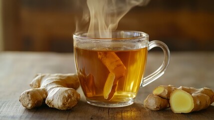 A cup of tea with a slice of ginger in it sits on a wooden table