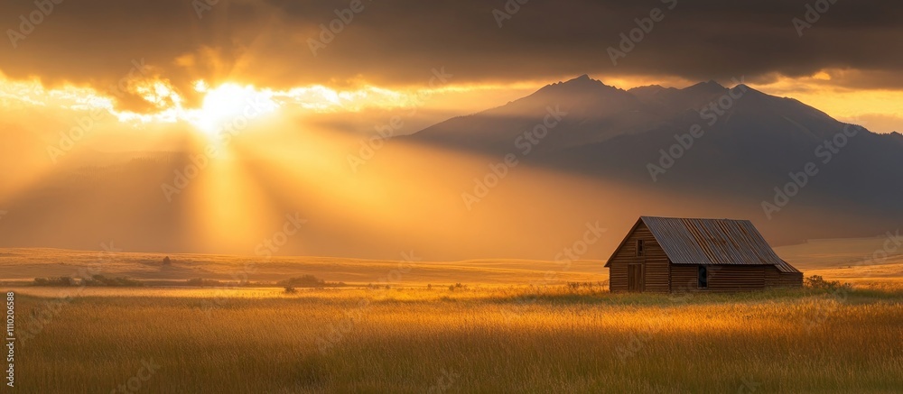 Poster serene rustic landscape with golden sunlight illuminating mountains and a barn at dusk in a tranquil