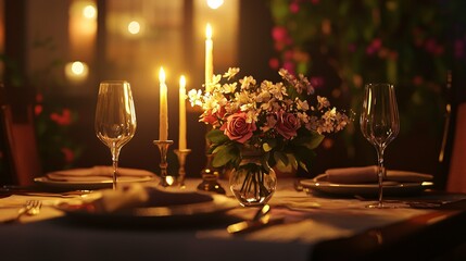 A romantic dinner setup for two, complete with elegant tableware, soft candlelight, and a floral centerpiece, creates an ideal atmosphere for an unforgettable evening.