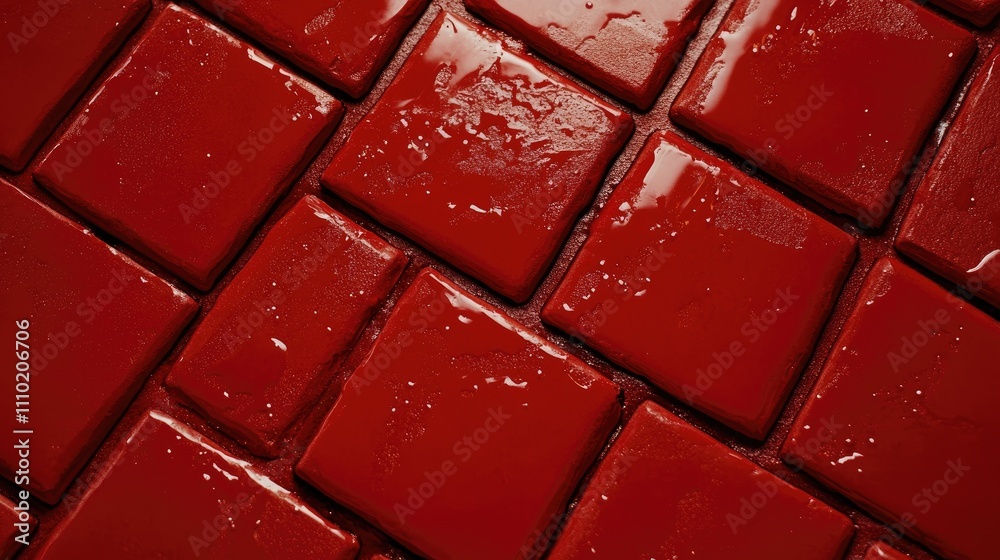 Poster close-up of wet red brick tiles arranged in a geometric pattern suitable for architectural or design