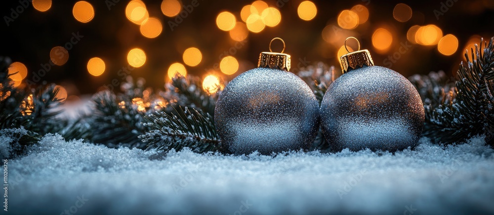 Poster silver christmas ornaments on snow with a blurred tree and festive lights creating a warm atmosphere
